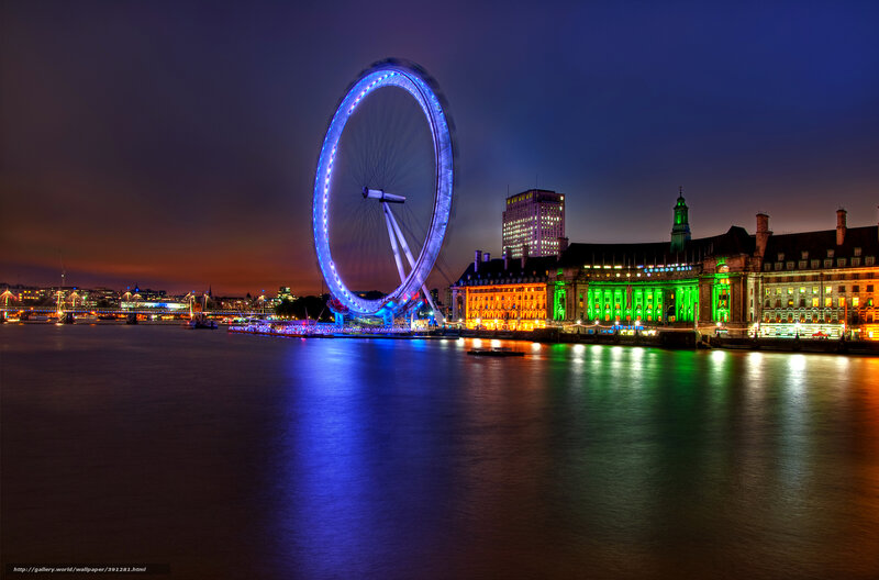 London Eye at Night — Blue, Dramatic, Photograph, River, Buildings, Ferris Wheel