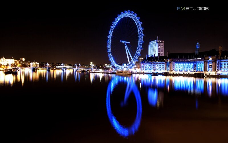 London Eye at Night — Blue, Dramatic, Photograph, River, Buildings