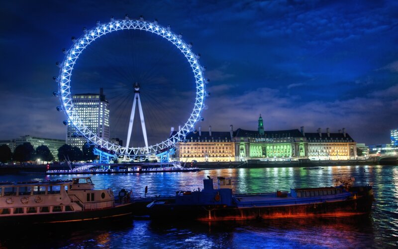 London Eye at Night — Blue, Dramatic, Photograph, River Thames, Barges