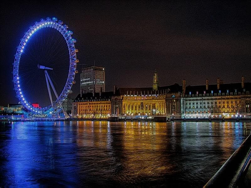 London Eye at Night — Blue, Dramatic, Photograph, River