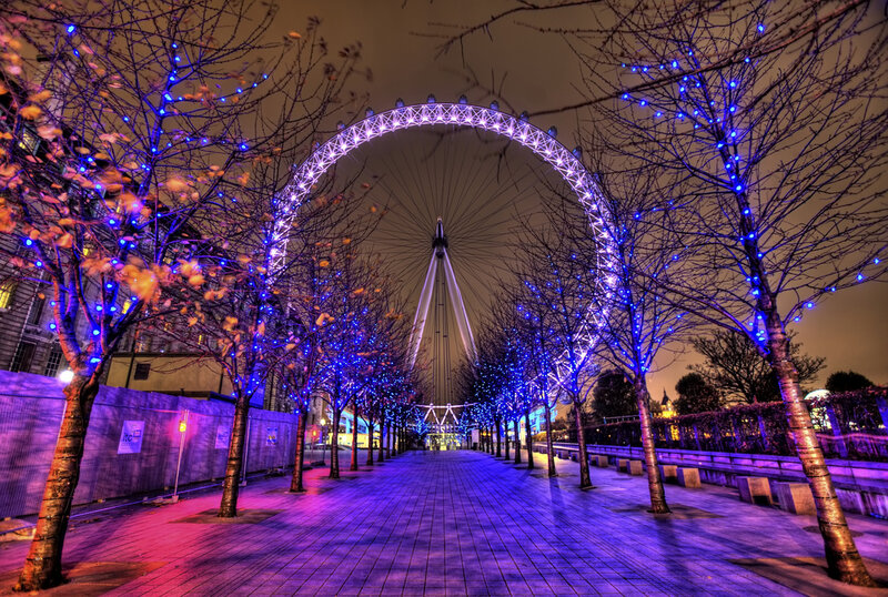 London Eye at Night — Blue, Festive, Photograph, Trees, Lights, Walkway