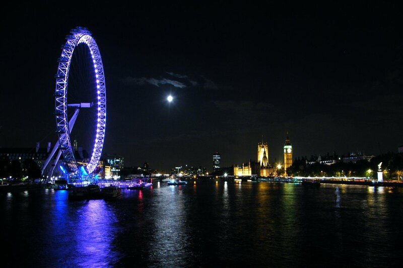 London Eye at Night — Blue, Serene, Photograph, Big Ben