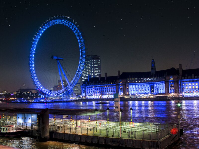 London Eye at Night — Blue, Serene, Photograph, River, Buildings