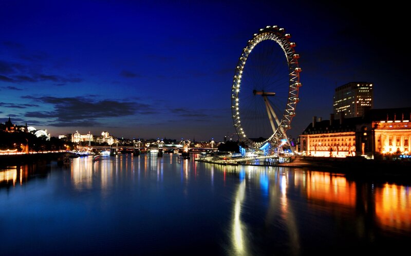 London Eye at Night — Blue, Serene, Photograph, River Thames, Buildings