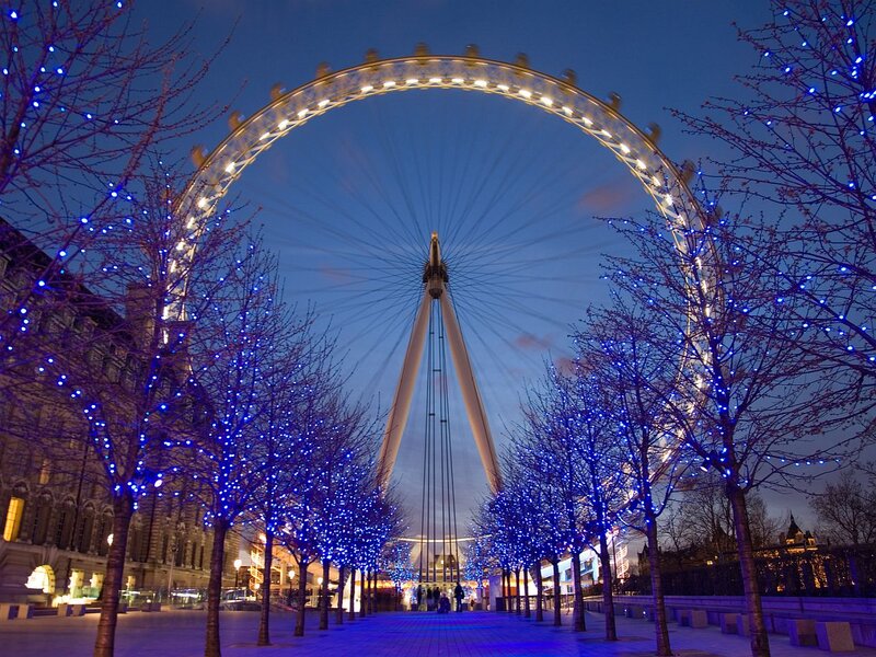 London Eye at Night — Blue, Serene, Photograph, Trees, Lights