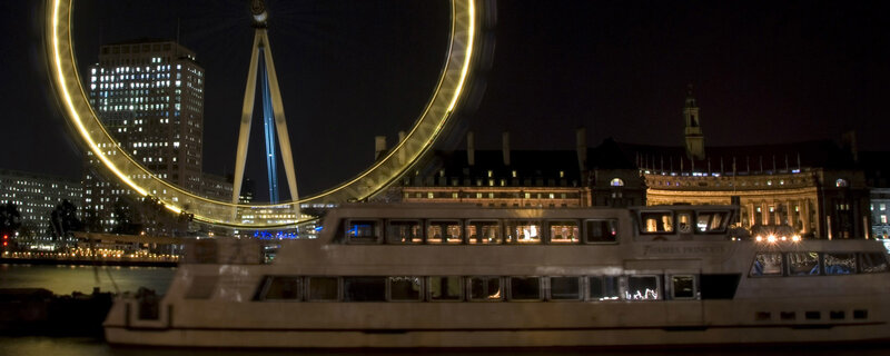 London Eye at night with boat