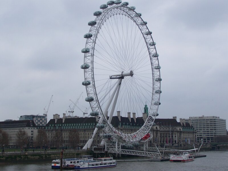London Eye Ferris Wheel — Gray, Overcast, Photograph, River