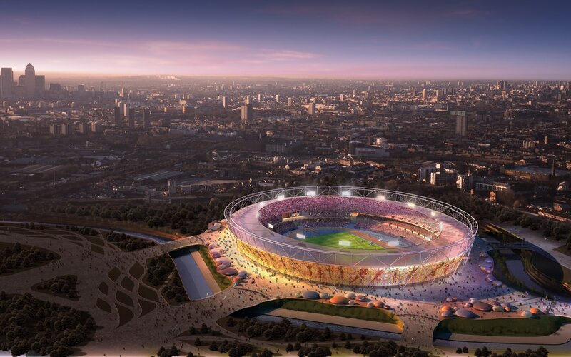 London Olympic Stadium — Purple, Dramatic, Sunset, 3d Render, City Skyline, Crowd, Green Field