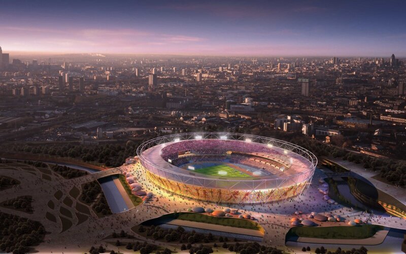 London Olympic Stadium — Purple, Dramatic, Sunset, 3d Render, City Skyline, Crowd, Park