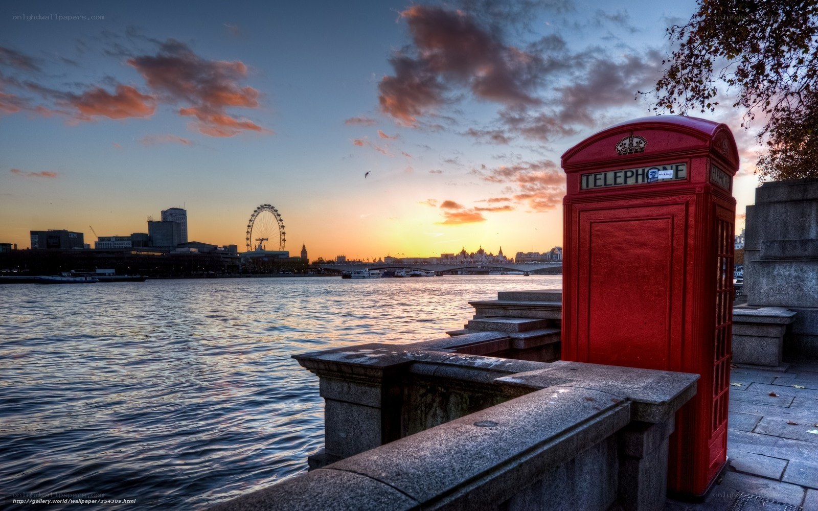 London phone booth at sunset