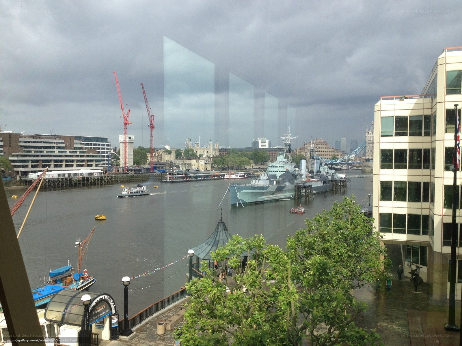 London river view with ship