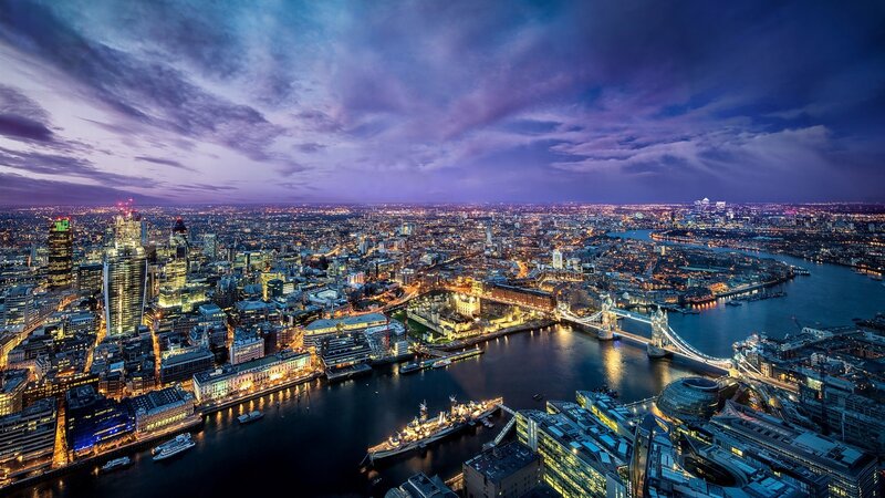 London Skyline at Dusk — Blue, Dramatic, Night, Photograph, River Thames, Tower Bridge, City Lights, Skyscrapers, Purple, Black
