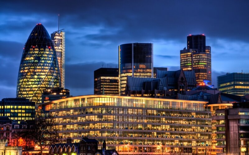 London Skyline at Dusk — Blue, Dramatic, Night, Photograph, Skyscrapers, City Lights, Clouds