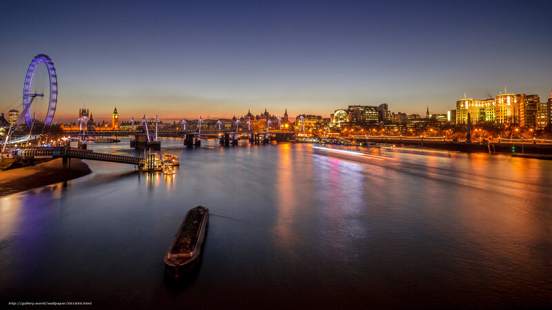 London Skyline at Dusk — Blue, Serene, Night, Photograph, London Eye