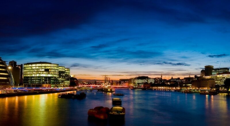 London Skyline at Dusk — Blue, Serene, Night, Photograph, River