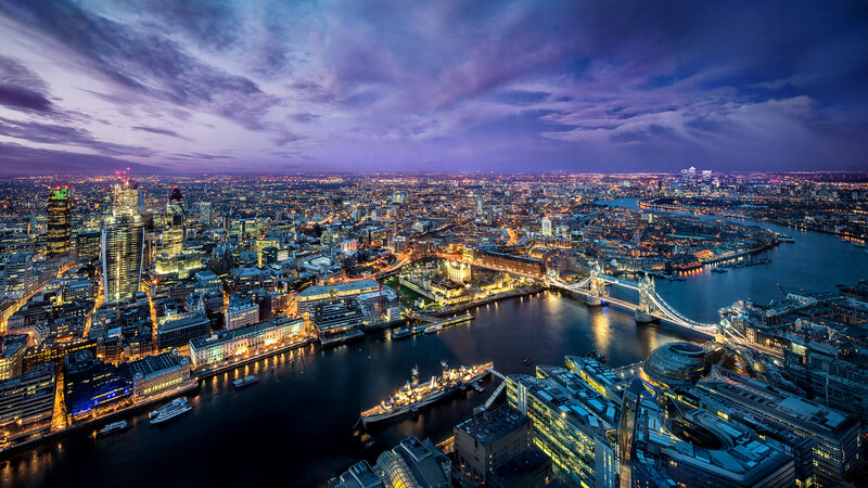 London Skyline at Dusk — Purple, Dramatic, Night, Photograph