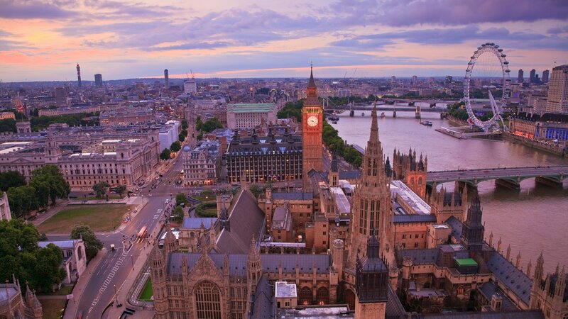 London Skyline at Dusk — Purple, Serene, Sunset, Photograph, Big Ben, London Eye