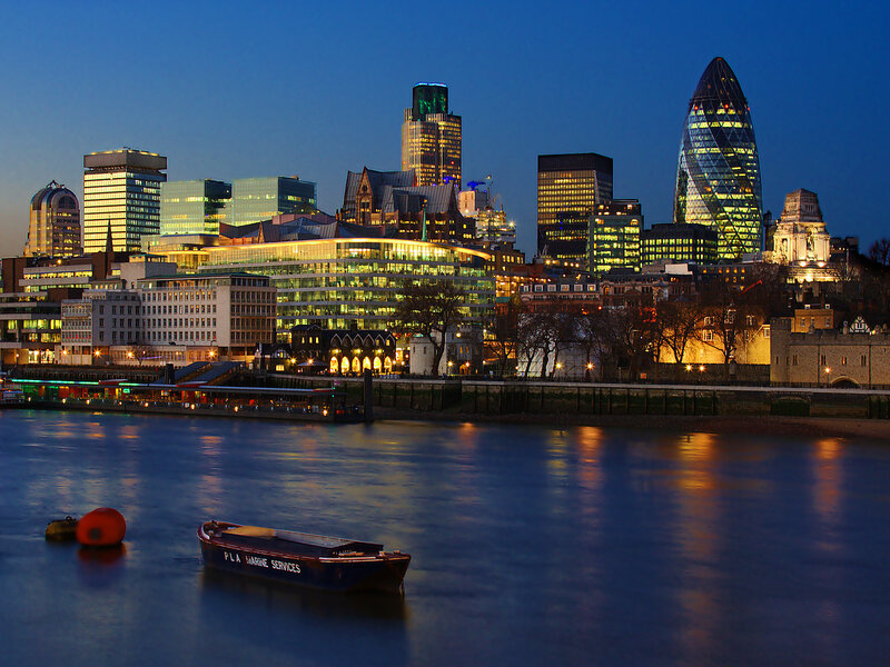 London Skyline at Night — Blue, Calm, Photograph, River, Buildings