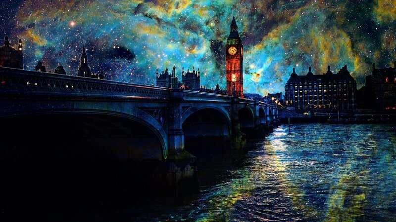 London Skyline at Night — Blue, Dramatic, Digital Art, Big Ben, River
