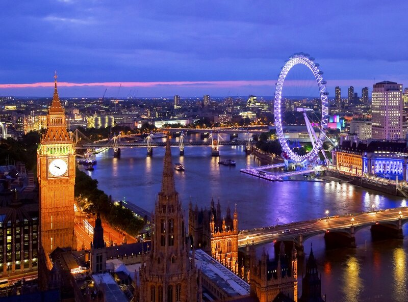 London Skyline at Night — Blue, Dramatic, Photograph, Big Ben, London Eye