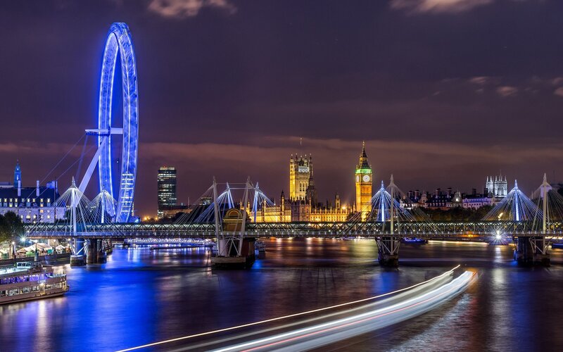 London Skyline at Night — Blue, Dramatic, Photograph, London Eye, Big Ben
