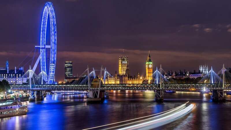 London Skyline at Night — Blue, Dramatic, Photograph, London Eye