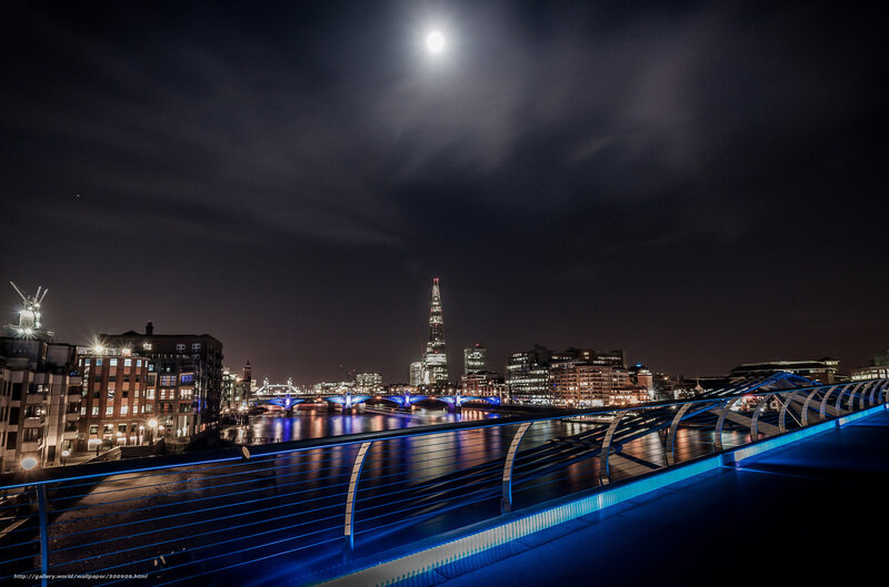 London Skyline at Night — Blue, Dramatic, Photograph, Moon, River