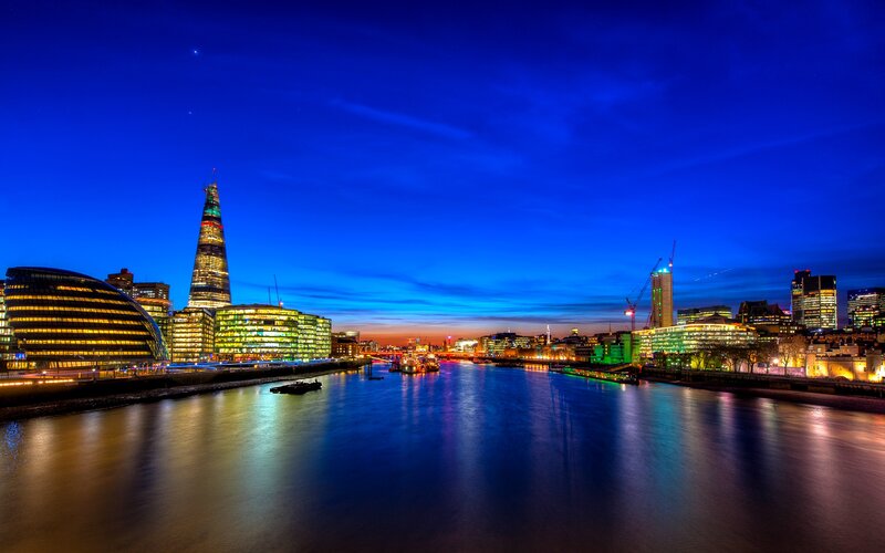 London Skyline at Night — Blue, Dramatic, Photograph, River Thames