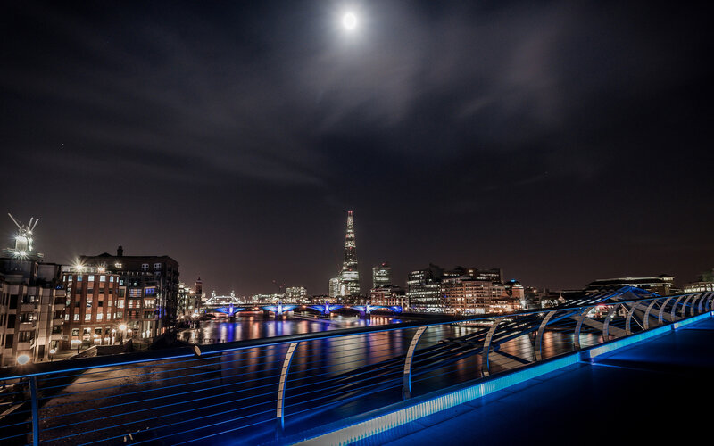 London Skyline at Night — Blue, Dramatic, Photograph, River