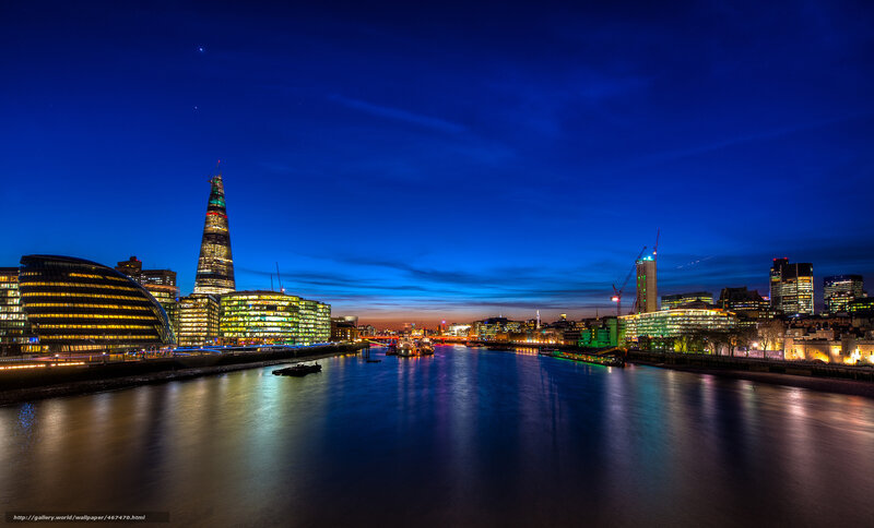 London Skyline at Night — Blue, Serene, Photograph, River, Buildings, Sky