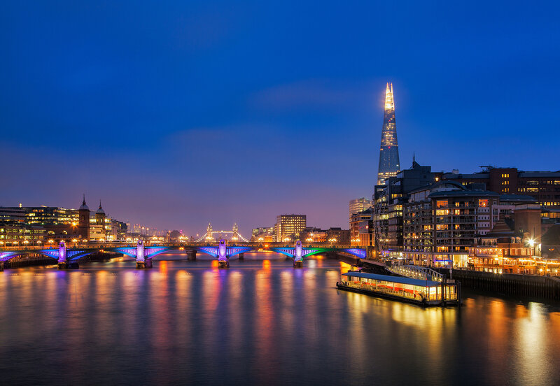 London Skyline at Night — Blue, Serene, Photograph, River Thames