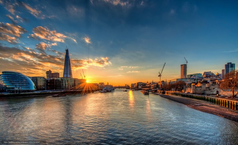 London Skyline at Sunset — Blue, Dramatic, Photograph, River, Skyscraper, Cranes