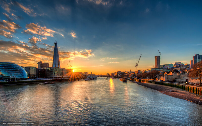 London Skyline at Sunset — Blue, Dramatic, Photograph, River, Skyscraper