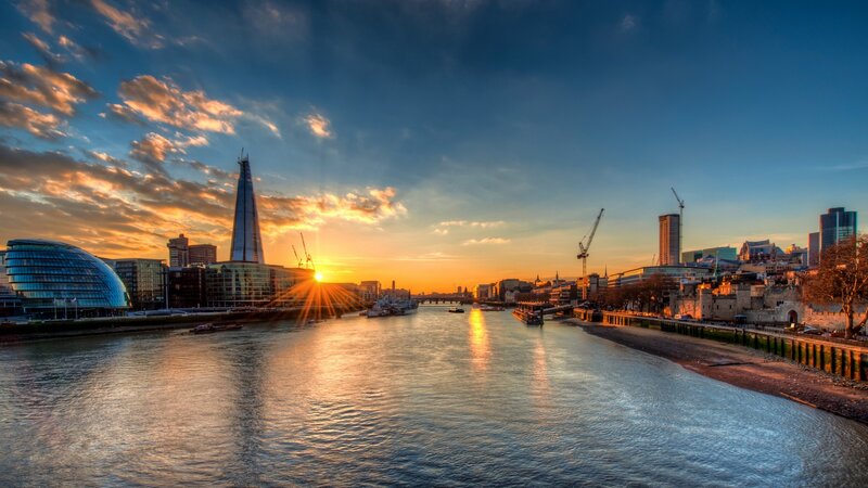 London Skyline at Sunset — Blue, Dramatic, Photograph, River