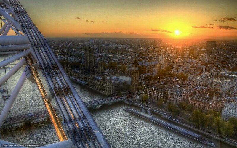 London Skyline at Sunset — Orange, Dramatic, Photograph, Big Ben, River Thames, Ferris Wheel
