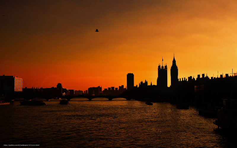 London Skyline at Sunset — Orange, Dramatic, Photograph, River, Bridge