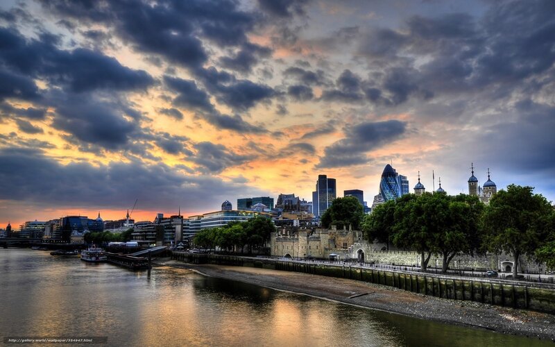 London Skyline at Sunset — Orange, Dramatic, Photograph, River, Sky