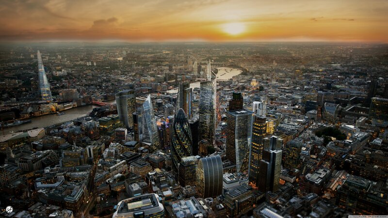 London Skyline at Sunset — Orange, Dramatic, Photograph, Skyscrapers, River, Cityscape