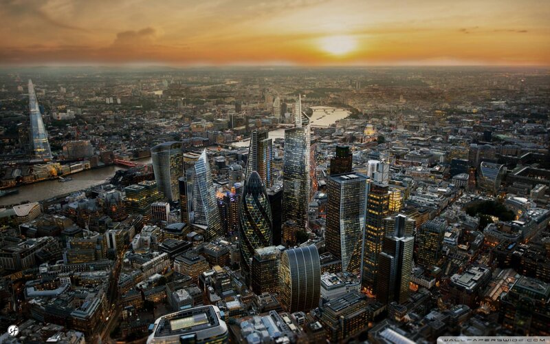 London Skyline at Sunset — Orange, Dramatic, Photograph, Skyscrapers