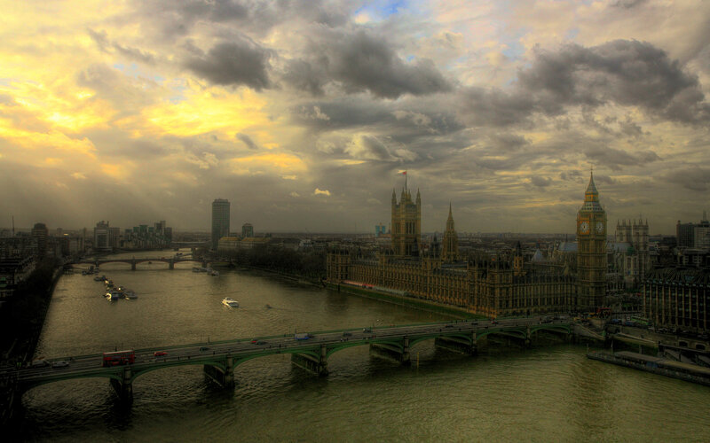 London Skyline at Sunset — Yellow, Dramatic, Photograph