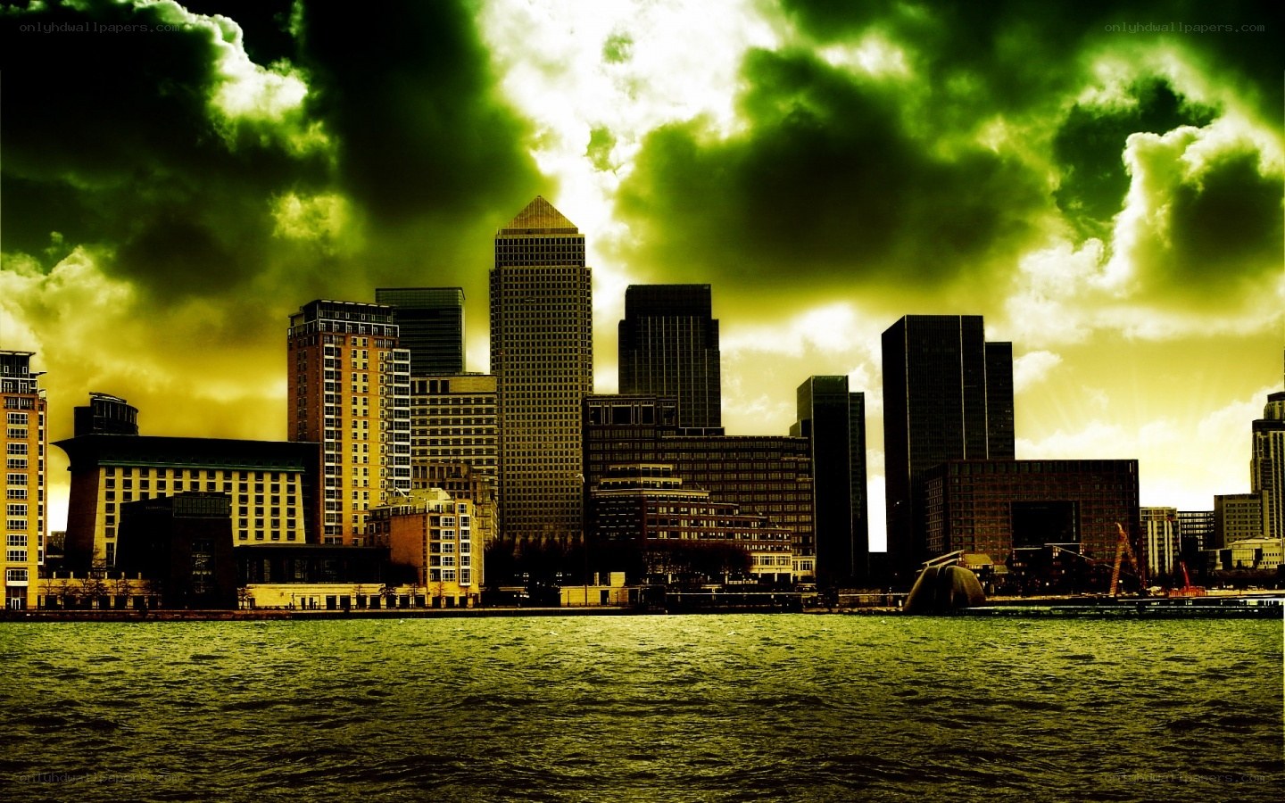 London skyline under green sky