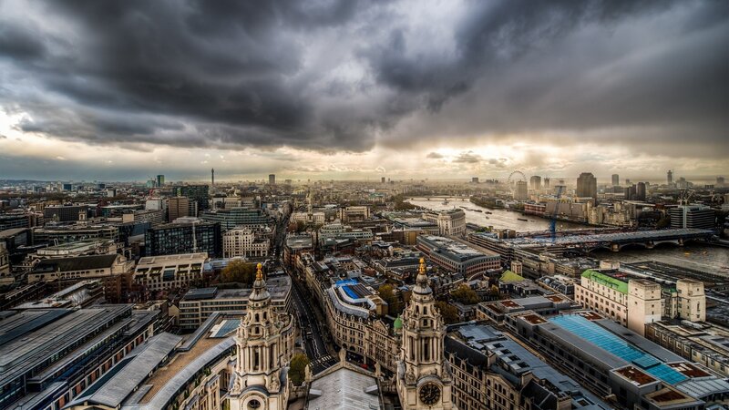 London skyline under stormy sky