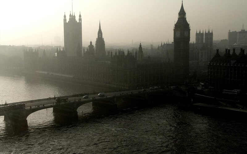 London Skyline with Big Ben — Gray, Hazy, Morning, Photograph