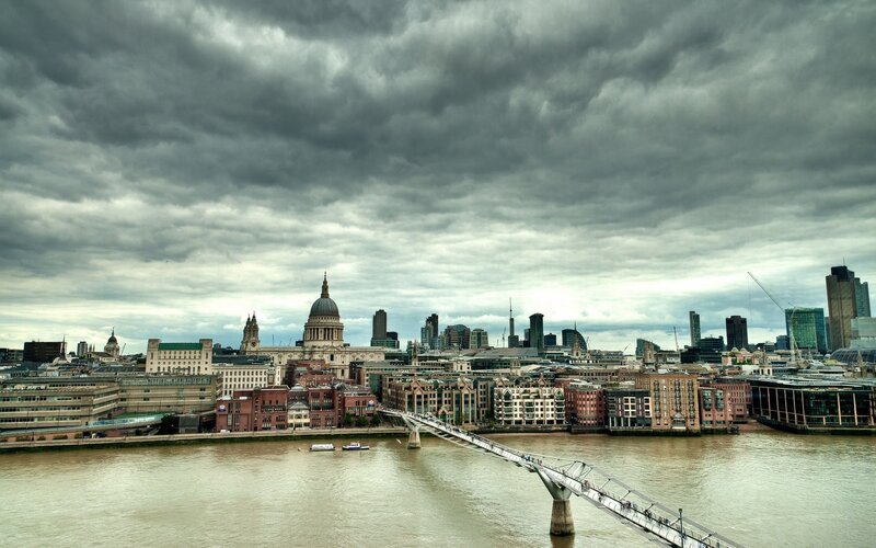 London Skyline with Bridge — Gray, Dramatic, Photograph