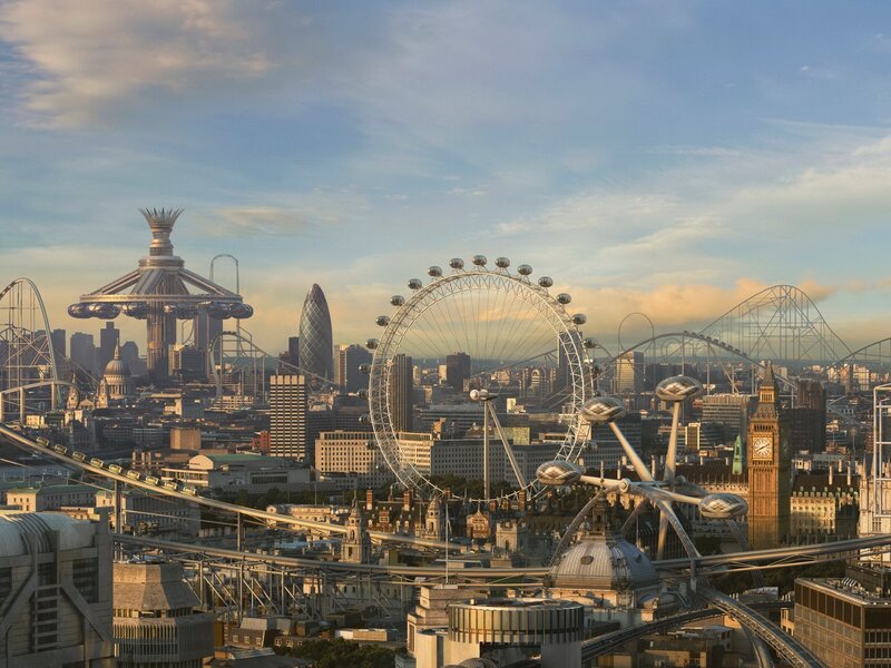 London skyline with futuristic rides