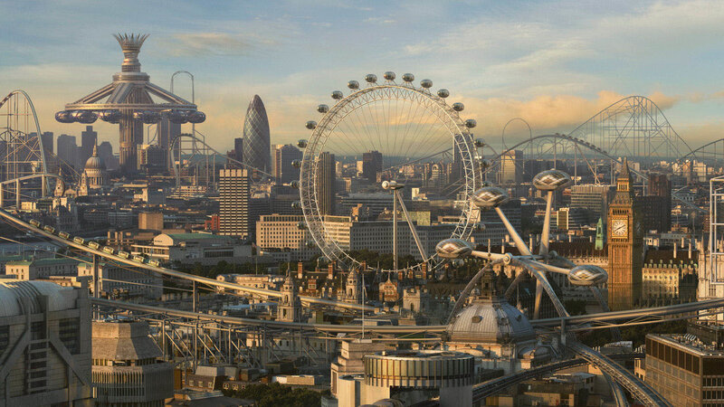 London skyline with futuristic rides