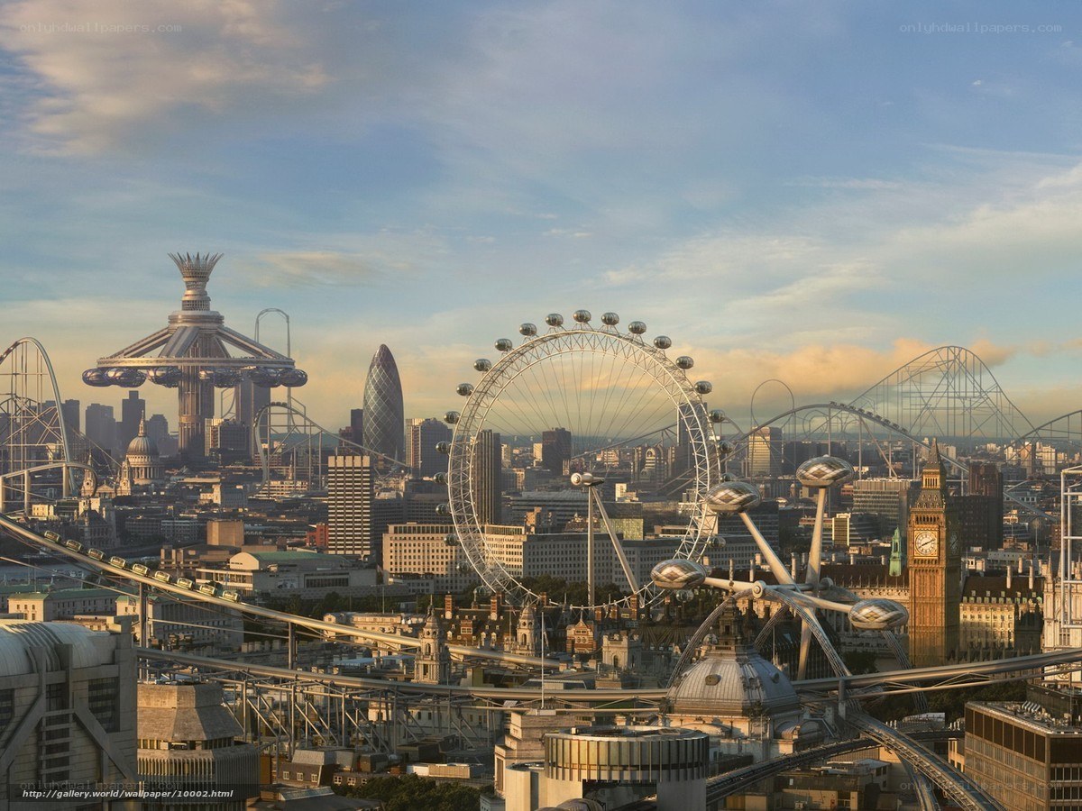 London skyline with futuristic rides