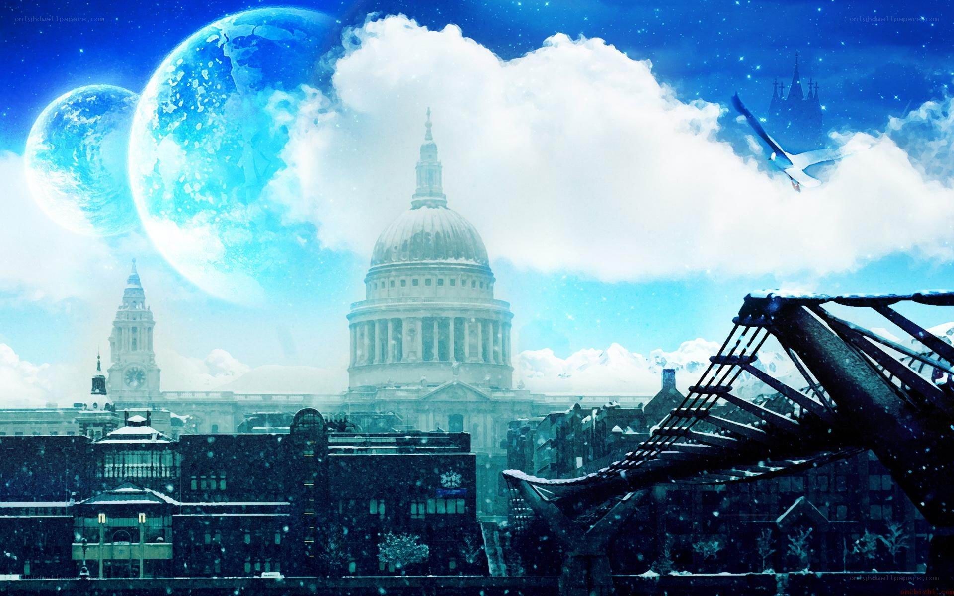 London skyline with twin moons