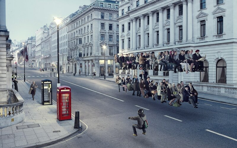 London street scene with people floating