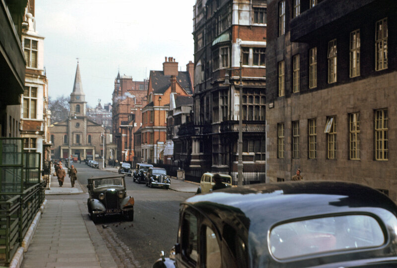 London street scene with vintage cars